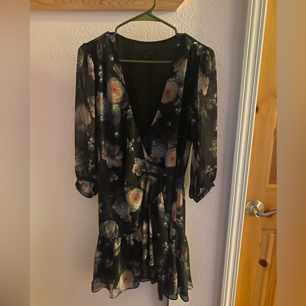 All Saints XS black floral wrap dress